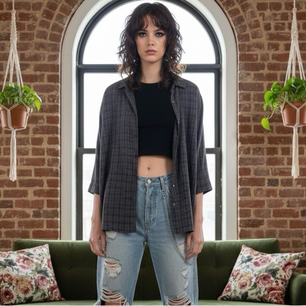 Eileen Fisher Vintage Y2K Plaid Oversized Button Front Top | Black/Grey | One Sz